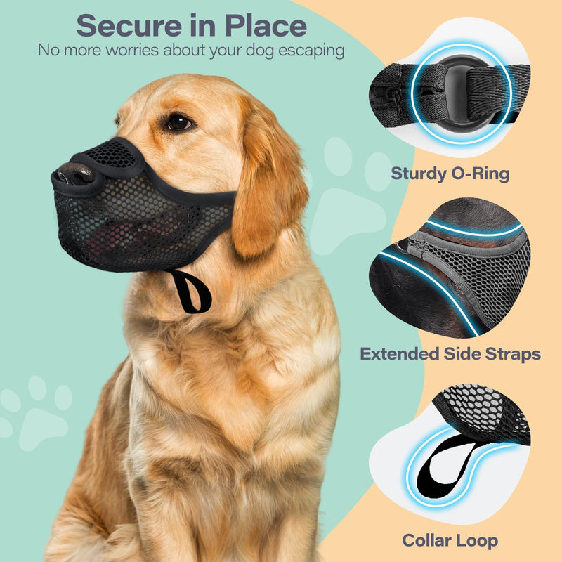 LUCKYPAW Dog Muzzle for Large Medium Small Dogs, Patented Mesh Muzzle to Prevent Biting Chewing Eating, Soft Mouth Guard with Front Opening Design for Drinking Panting(Black, M) Black - PawsPlanet Australia