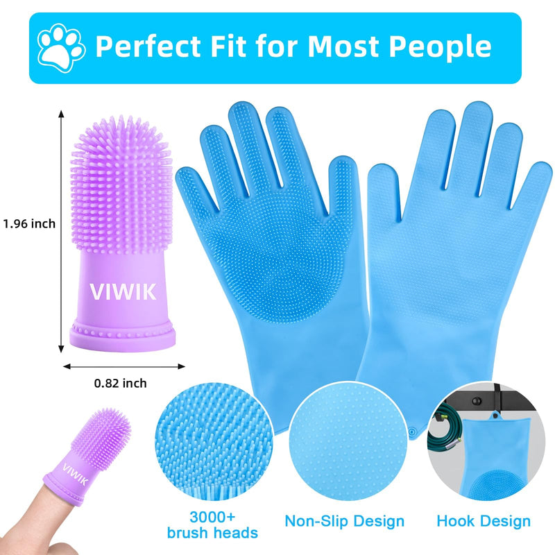 Dog Bath Gloves with 4Pack Dog Toothbrush, Dog Grooming Kit, Dog Finger Toothbrush for Small Breed, Medium Large Dogs, Silicone Dog washing Gloves with High-Density Teeth, Pet Grooming Gloves Blue - PawsPlanet Australia