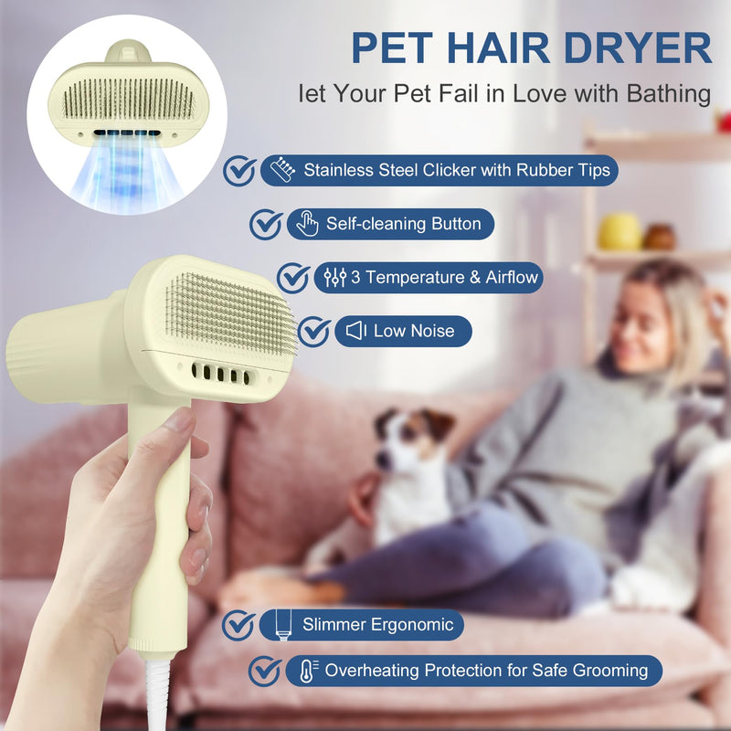 L&W BROS. Quiet Pet Grooming Dryer with Brush, Adjustable Temperature, and Overheating Protection for Small Dogs and Puppies (Light Yellow) - PawsPlanet Australia