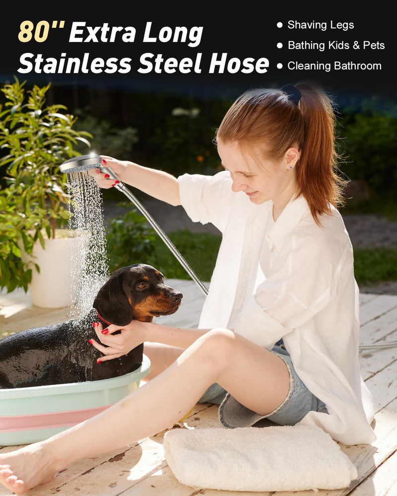 FASDUNT Shower Head with Handheld, High Pressure Handheld Shower Head with 80" Extra Long Stainless Steel Hose & Adjustable Bracket, Showerhead with ON/OFF Switch for Pets Bath, Brushed Nickel 6 Spray-Settings - PawsPlanet Australia