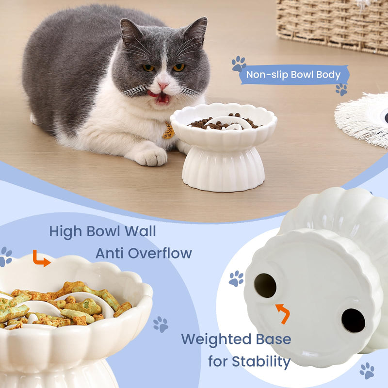 Ceramic Elevated Slow Feeder Cat and Small Dog Bowl,Anti Vomiting,Easy to Clean,Spill-Proof & Anti-Tipping Raised Pet Bowl for Food (White)