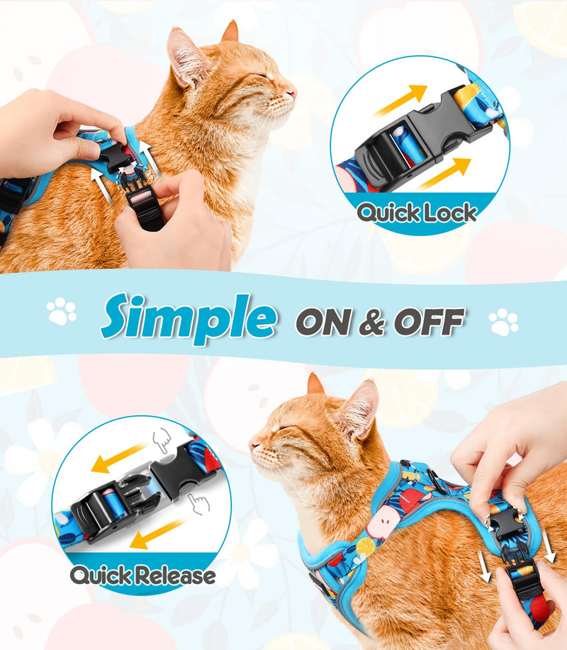 Halypet Cat Harness and Leash Set[MAX Safety 4th-Gen] Cute Escape Proof Vest Harness for Girl&Boy Cat Walking, Comfortable Adjustable Leash and Reflective Strips for Outdoor Kitten, M Azure Floral H603 Pro Azure Floral Medium (13-18lb) - PawsPlanet Australia