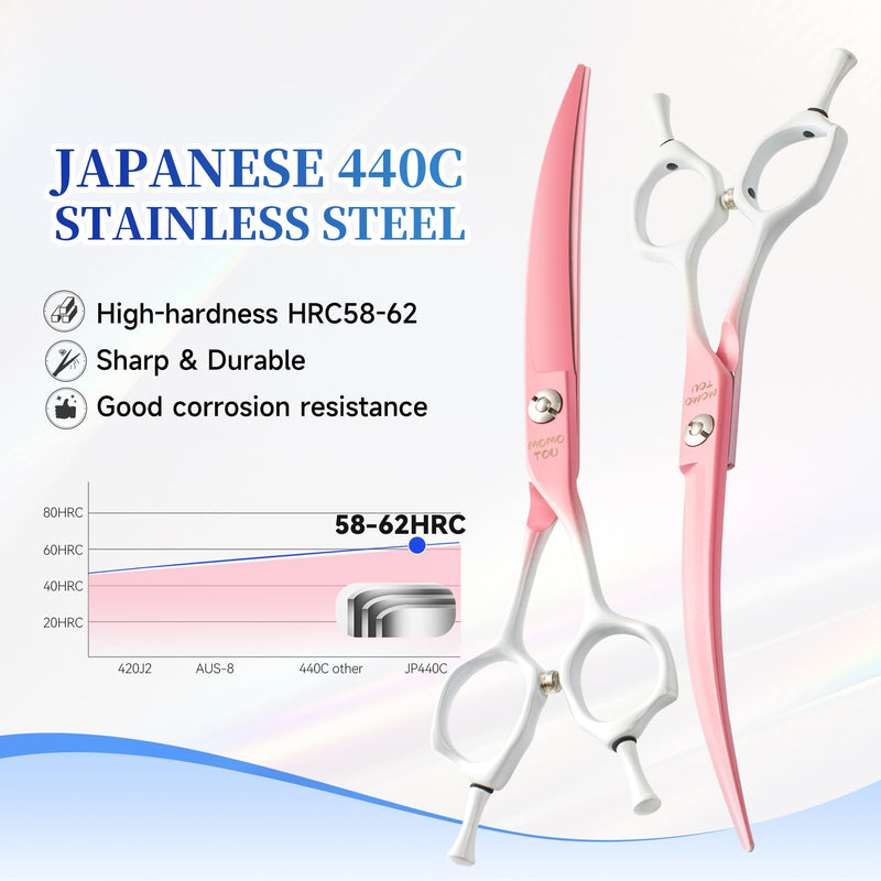 Curved Dog Grooming Scissors Pink to White Gradient 440C Stainless Steel Pet Grooming Shears Sharp Durable Dog Shears for Professional or Home Use Ergonomic Handle with 2 Silicone Finger Rings - PawsPlanet Australia