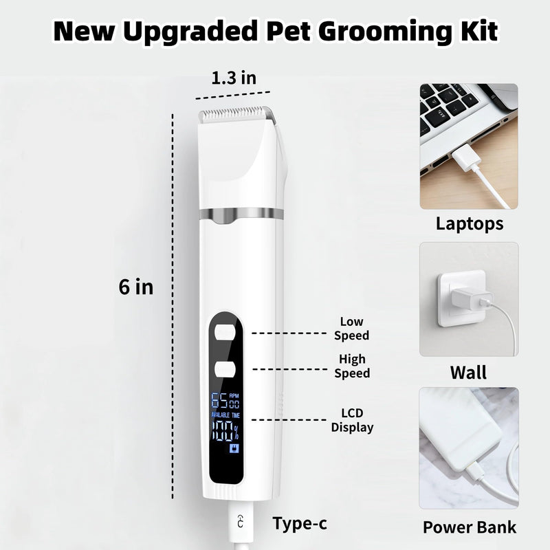 Dog Grooming Kit Hair Clipper with LCD Display - Low Noise Pet Hair Trimmer, Dog Nail Grinder Clippers for Grooming, Rechargeable Cordless Waterproof Paw Trimmer for Cats and Other Pets Silver