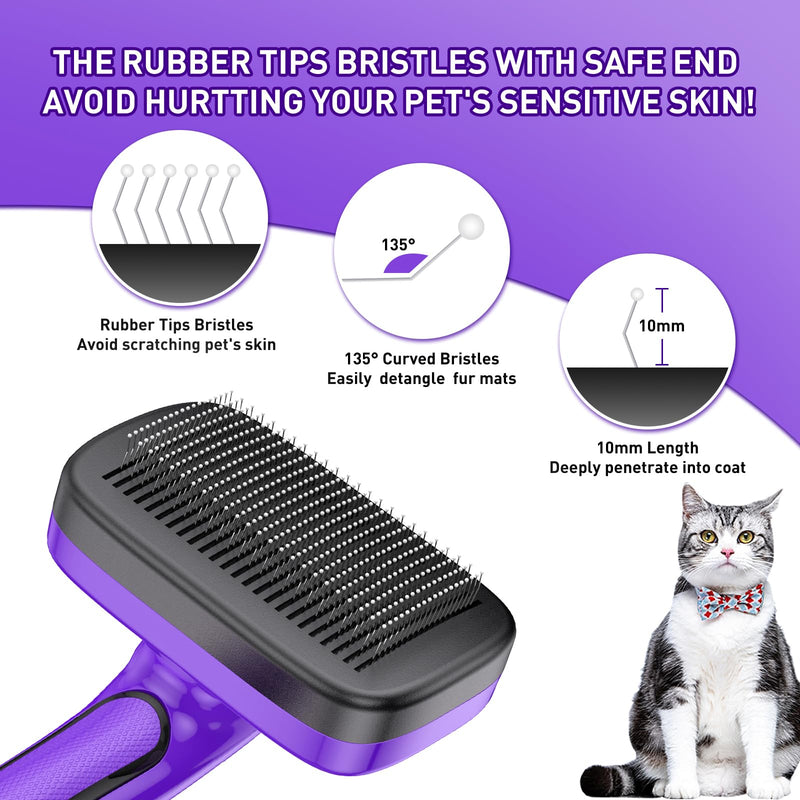 Dog Brush for Shedding, Self-Cleaning Slicker, 4 PCS Kit with Bath Brush, Flea & Steel Combs, Ideal for Short & Long Haired Pets, Removes Mats, Tangles, Fur, Gentle on Skin. Purple Purple 4 in 1 - PawsPlanet Australia