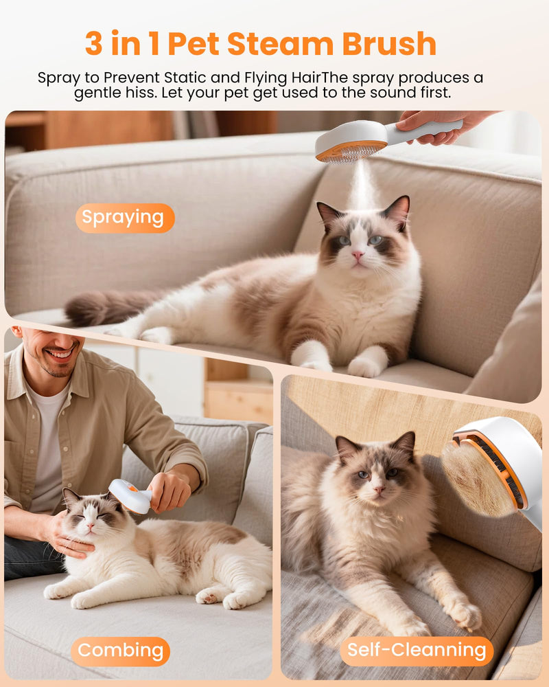 Cat Steam Brush, Self Cleaning Cat Brush for Shedding, 3 in 1 Pet Spray Hair Removal Comb, Pet Steam Brushes for Long and Short Haired Dog, Cool Mist Only with Empty Bottle