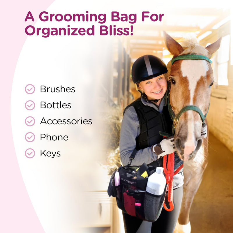 Horse Grooming Bag Hanging Tote with 8 Pockets - Lightweight Mesh Organizer for Horse Supplies, Adjustable Shoulder Strap + Bonus Grooming Set Black - PawsPlanet Australia