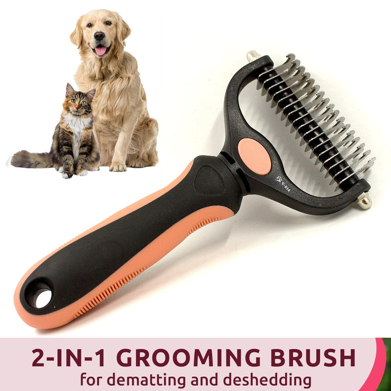 BeautyTrack Pet Dematting Comb Set, Dual-Sided Grooming Rake for Dogs and Cats, Professional Deshedding Tool with Stainless Steel Teeth, Pet Grooming Rake and Brushes for Small & Medium (Melon, L) Melon - PawsPlanet Australia