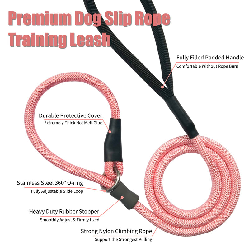Strong Slip Rope Dog Training Leash (4ft) - Heavy Duty Durable Braided Nylon Lead with Rubber Stopper & Padded Handle - No Pull Walking for Medium Large Dogs (Pink, 1/2" x 4ft) Pink - PawsPlanet Australia