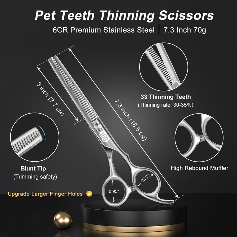 CIICII Dog Grooming Scissors Kit, 7 Inch Professional Pet Grooming Scissors Set with Safety Round Tip (Dogs/Cat Hair Cutting Trimming Thinning Shears with Curved Scissors) for DIY Home Salon (Silver) Silver Dog Grooming Scissors - PawsPlanet Australia