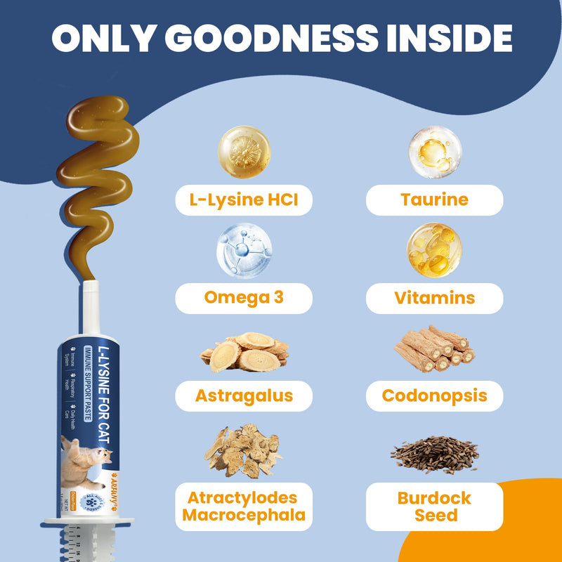 L-Lysine for Cats - Lysine for Cats - Immune System, Normal Eye Function and Respiratory Health - Cat Lysine Paste with Taurine, Omega-3, Vitamins - 60ML, Chicken Flavor