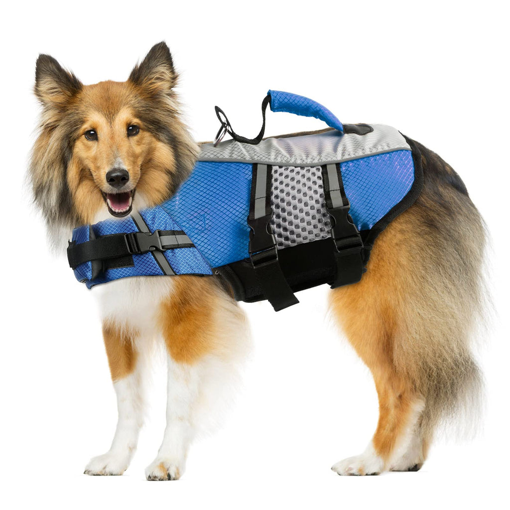 Dog Life Jacket Swimming Vest, Adjustable Dog Flotation Vest High Reflective Pet Life Preserver with Rescue Handle for Small Medium Large Dogs (XX-Large, Blue) XX-Large