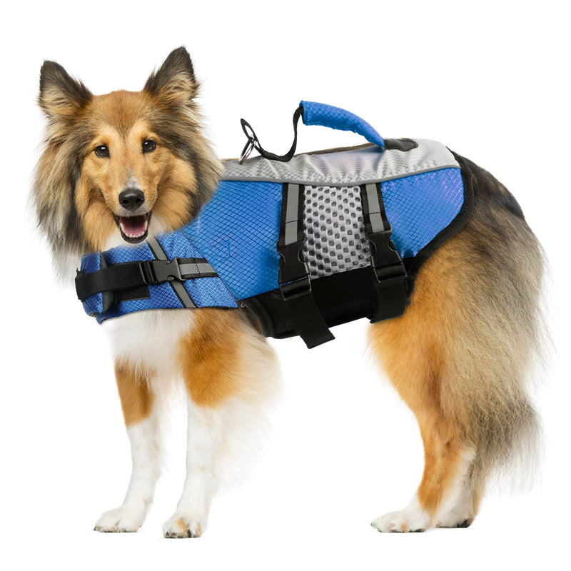 Dog Life Jacket Swimming Vest, Adjustable Dog Flotation Vest High Reflective Pet Life Preserver with Rescue Handle for Small Medium Large Dogs (XX-Large, Blue) XX-Large