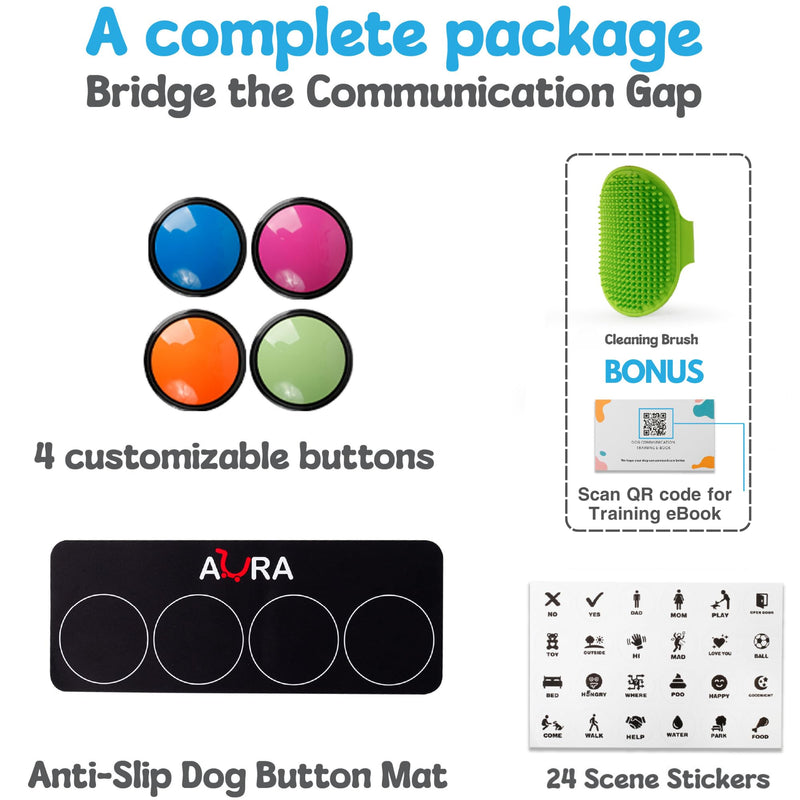 Dog Buttons for Communication, 4 Dog Talking Button Set Playback Your Message, 30s Recordable Button, Talking Buttons for Dog with Waterproof Anti-Slip Dog Button Mat & 24 Scene Stickers (4 PCs) 4 PACK - PawsPlanet Australia