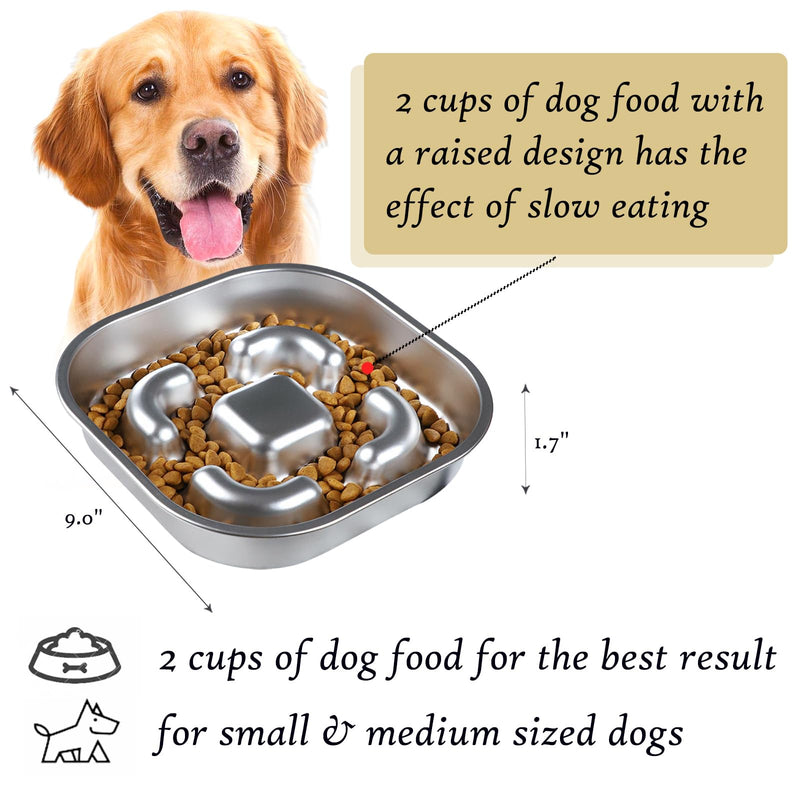 Slow Feeder Dog Bowl, 2 Cups Stainless Steel Metal Pet Food Bowls, Dog Cat Food Bowls Can Slows Down Pets Eating Suitable for Small & Medium Sized Dog