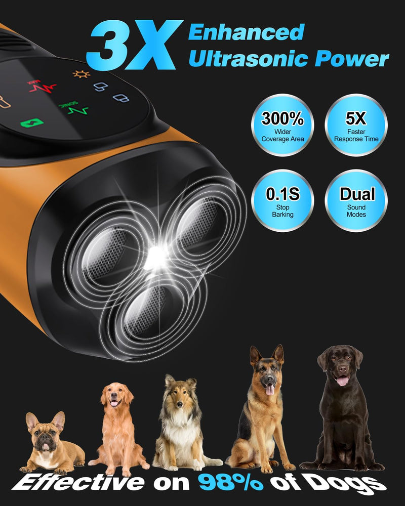 2025 Ultrasonic Dog Bark Deterrent Devices with 3 Emitters & SOS Flashlight, Humane Anti-Bark Trainer, 50FT Range, 90-Day Battery, Multi-Mode Rechargeable Dog Deterrent for Indoor & Outdoor Use Orange - PawsPlanet Australia