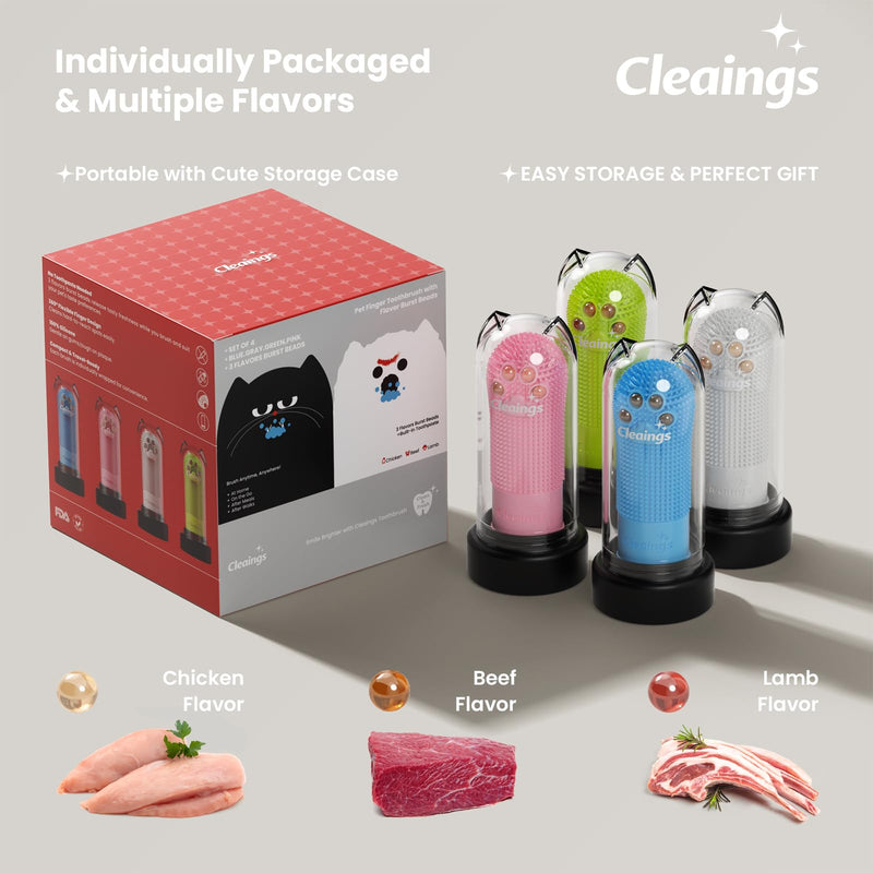 cleaings Dog Toothbrush and Toothpaste Set 4 Pack, Dog Finger Toothbrush with Flavoured Toothpaste, 360° Silicone Pet Toothbrush for Dogs & Cats, Tartar Removal & Fresh Breath, Mixed Flavour Multicolor-mix Flavor