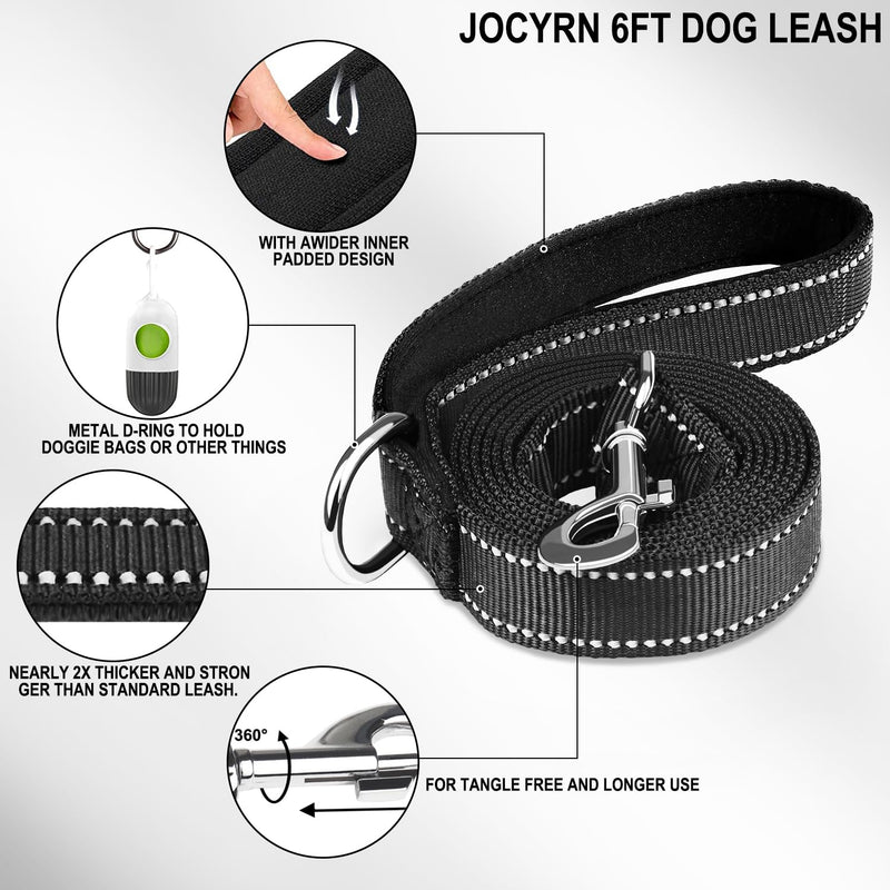 Dog Leash 6 FT, Double Sided Reflective Dog Leash with Soft Padded Handle, Durable Metal Snap Hook Nylon Heavy Duty Leashes for Small Medium and Large Dogs, 1 Inch Wide, Black - PawsPlanet Australia