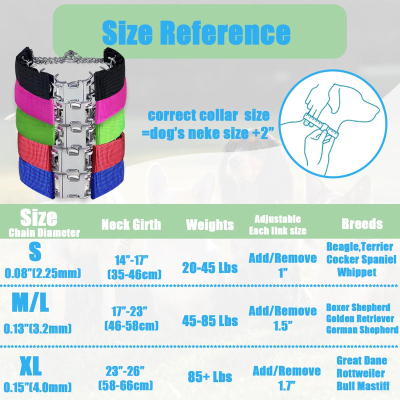 Prong Training Collar for Dogs, Rotating Ring Welding, Adjustable Dog Training Pinch Collar with Quick Release Buckle, for Small Medium Large Dogs Green M/L(17-23" Neck, 3.2mm)