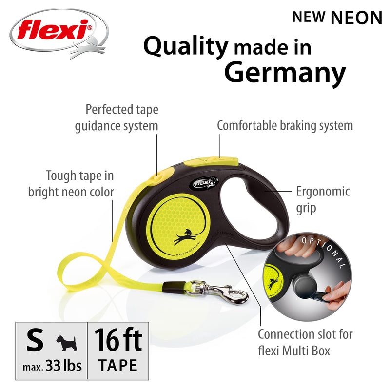 Flexi New Neon Retractable 16' Dog Leash Tape, Small, Black/Neon Small, 16 ft