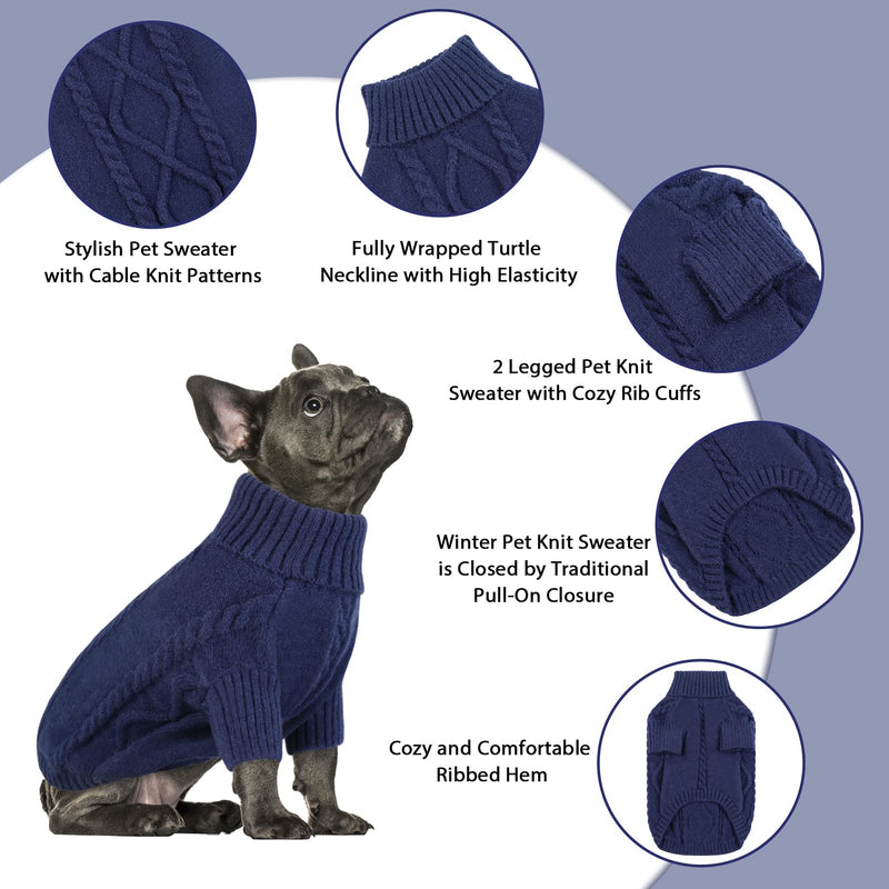 Queenmore Small Dog Pullover Sweater, Cold Weather Cable Knitwear, Classic Turtleneck Thick Warm Clothes for Chihuahua, Bulldog, Dachshund, Pug (Dark Navy, Medium) Dark Navy