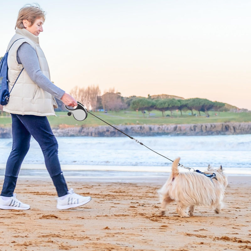 SCENEREAL Retractable Dog Leash for Small Medium Large Dogs up to 110lbs, 26ft 360° Tangle-Free Nylon Tape with Anti-Chewing Wire Rope&Waste Bag Dispenser, Heavy Duty Long Durable One-Handed Brake White