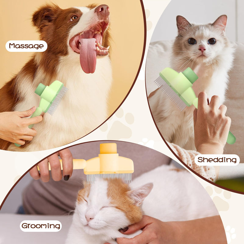 Zen Brush for Cats & Dogs - 2-Pack Self-Cleaning Pet Grooming Brush with Stainless Steel Teeth & Release Button, Hair Removal Tool for All Coat Types (Green+Yellow) - PawsPlanet Australia