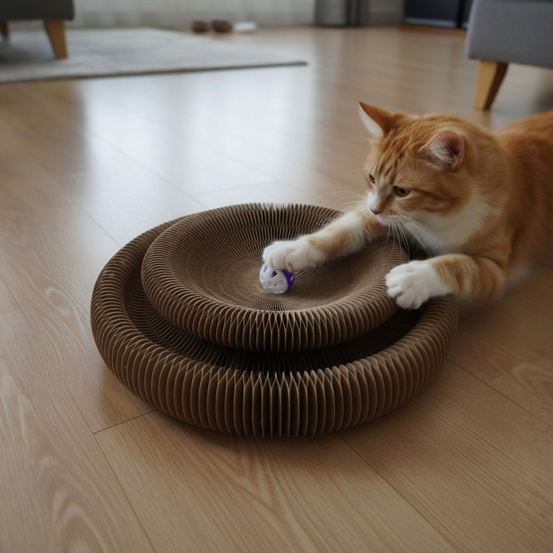 Corrugated Paper Cat Scratcher Track with Rolling Ball - Scratch-Resistant, Interactive, Pet-Safe for Feline Play & Claw Care Animal Print - PawsPlanet Australia