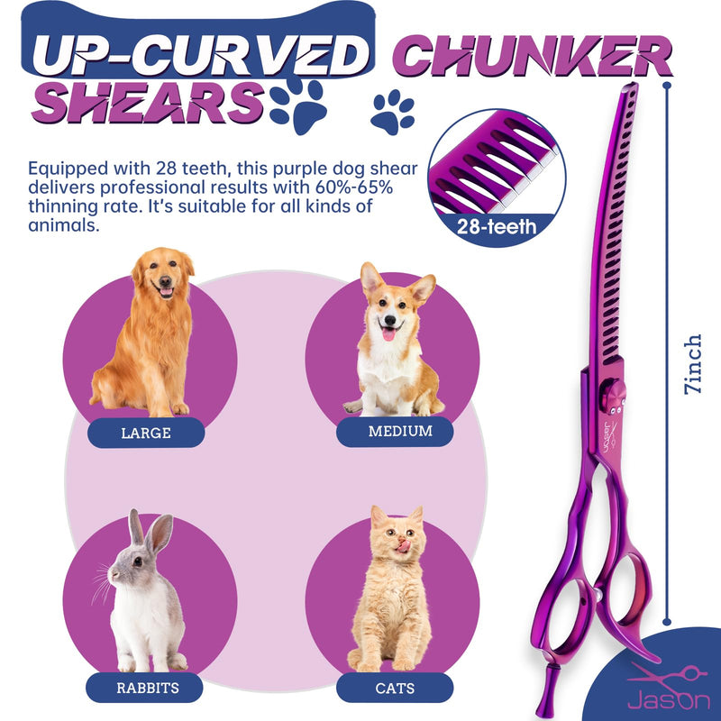 JASON 7" Dog Grooming Scissors - Ergonomic Curved Chunkers Purple Curved Dog Shears 440C Stainless Steel Grooming Shears Professional Pet Shears For Groomer (28-Teeth, Down-curved) Up-Curved Chunker - PawsPlanet Australia