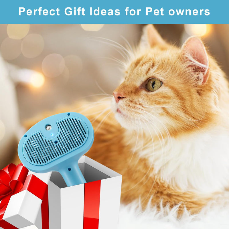 Pet Steam Hair Comb Brush for Shedding, 4 In 1 Spray Brush for Long & Short Haired Cat&Dog, Self-Cleaning Hair Remover with Water Tank And LED Blue Light, Release Button(Blue) - PawsPlanet Australia