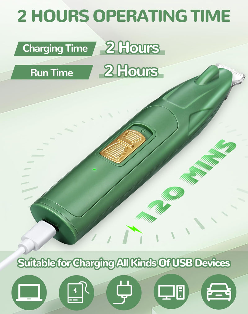 LEYOUFU Dog Paw Trimmer with LED Light, 2 Speed Dog Clippers for Grooming Small Dogs, Rechargeable Low Noise Pet Shaver for Trimming Dogs Cats Hair Around Paws, Eyes, Ears, Face, Rump Green - PawsPlanet Australia