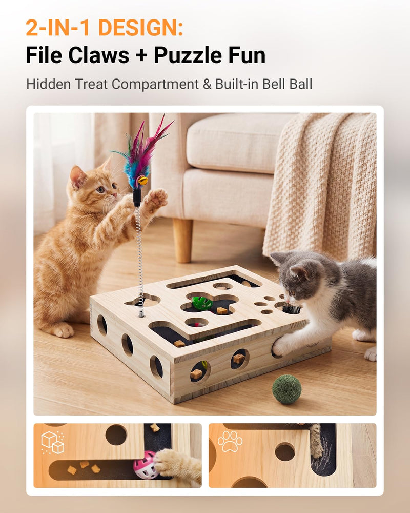 Cat Nail File Box with Interactive Cat Toys – 2026 Gift for a Cats Nail File Enrichment Box Scratch Puzzle Toy for Indoor Cats, Natural Claw Care with Wand Toy, 1 Catnip Ball&4 Bell Ball(Random Color)
