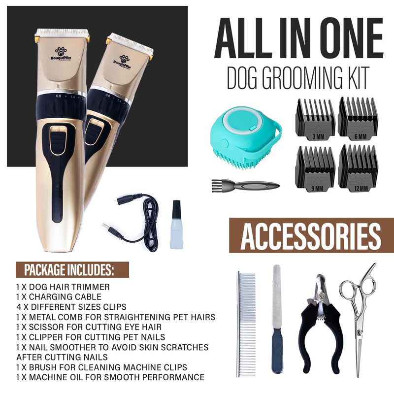 Dog Grooming Kit – Low Noise Cat & Dog Hair Trimmer with Pet Nail Cutter | Cordless Dog Clippers for Grooming Thick Coats with Bath Brush, & Shaver with Scissors for Dogs Cat Animal Gold With Led Display - PawsPlanet Australia