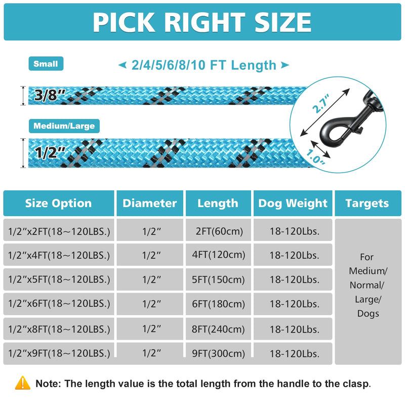 Dog Leash Heavy Duty - 2/4/5/6/8/10 Foot Rope Leash with Comfortable Padded Handle and Reflective - Puppy Training Leash for Small Medium Large Breed Dogs - (1/2" x5 FT, Blue) L (1/2'' x 5 FT) - PawsPlanet Australia