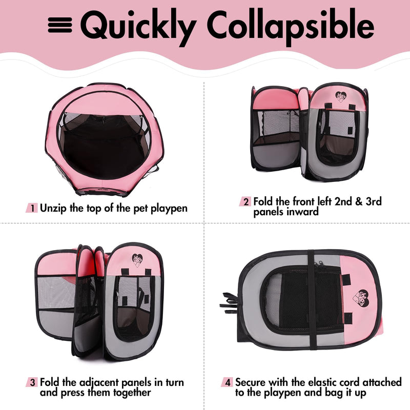 Portable Puppy Playpen for Small Dog Cat, Pop up Dog Crate Kennel Indoor/Outdoor, Pet Tent Cage with Carrying Bag for Kitten, Rabbits Pink S