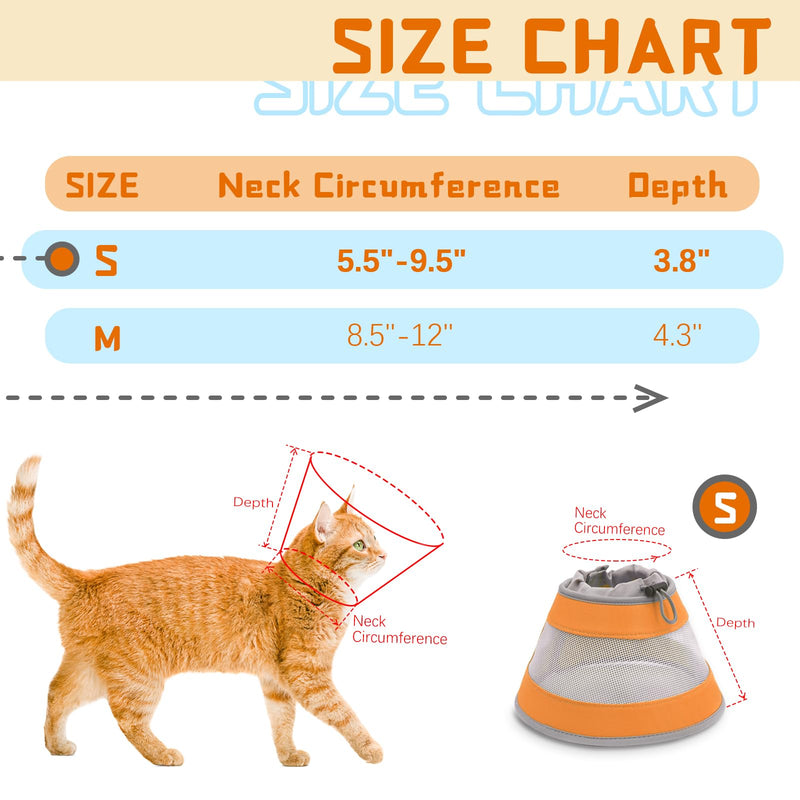 Breathable Air Mesh Cat Cone Collar Soft to Stop Licking, Adjustable, Foldable Lightweight Kitten Cones After Surgery Recovery for Cats & Kittens (Orange, S)