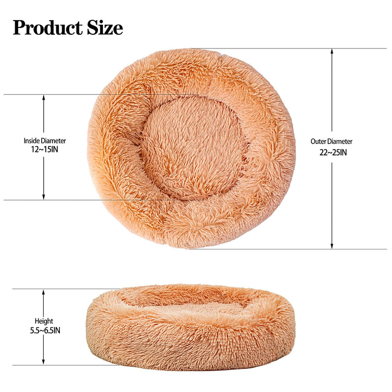 Calming Dog Bed for Small Dogs Cats, Kitty Puppy 23'' Round Anti-Anxiety Warm Fluffy Plush Faux Fur Bed, Soft Anti-Slip Donut Washable Small Pet Bed, Cozy Cat Puppy Bed, Fits up to 30 lbs Pets S (23.5x23.5x6.5) Solid Color Khaki - PawsPlanet Australia