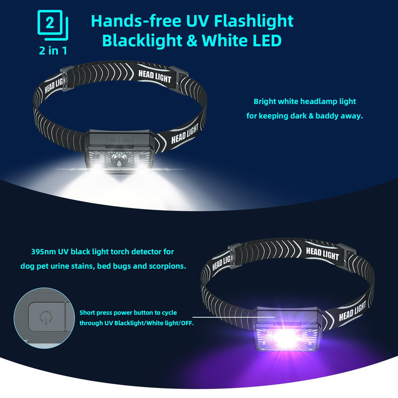 COSOOS 2 Mini UV Headlamp Flashlight Black Light, Rechargeable LED Hand Free Blacklight 395nm Headlight with White & Ultraviolet Light, Detector for Pet Dog Cat Urine Stain,Bed Bug,Scorpions - PawsPlanet Australia