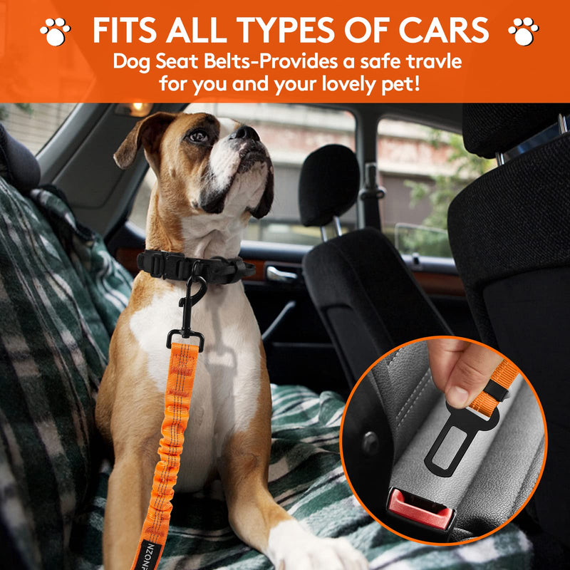 Nzonpet Dog Seat Belt, Retractable Dog Car Seatbelts, Safety Dog Seat Car Harness for Car Travel, Reflective Heavy Duty Pet Seat Belts w/Stainless Hook and Elastic Bungee Buffer-Orange Orange - PawsPlanet Australia