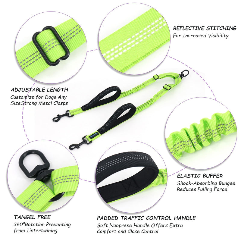 Double Dog Leash for 2 Dogs, Dual Dog Leash 360° Swivel Tangle-Free Bungee, Shock Absorbing Walking Training Leashes, Reflective, for Two Dogs (Neon Green) Neon Green