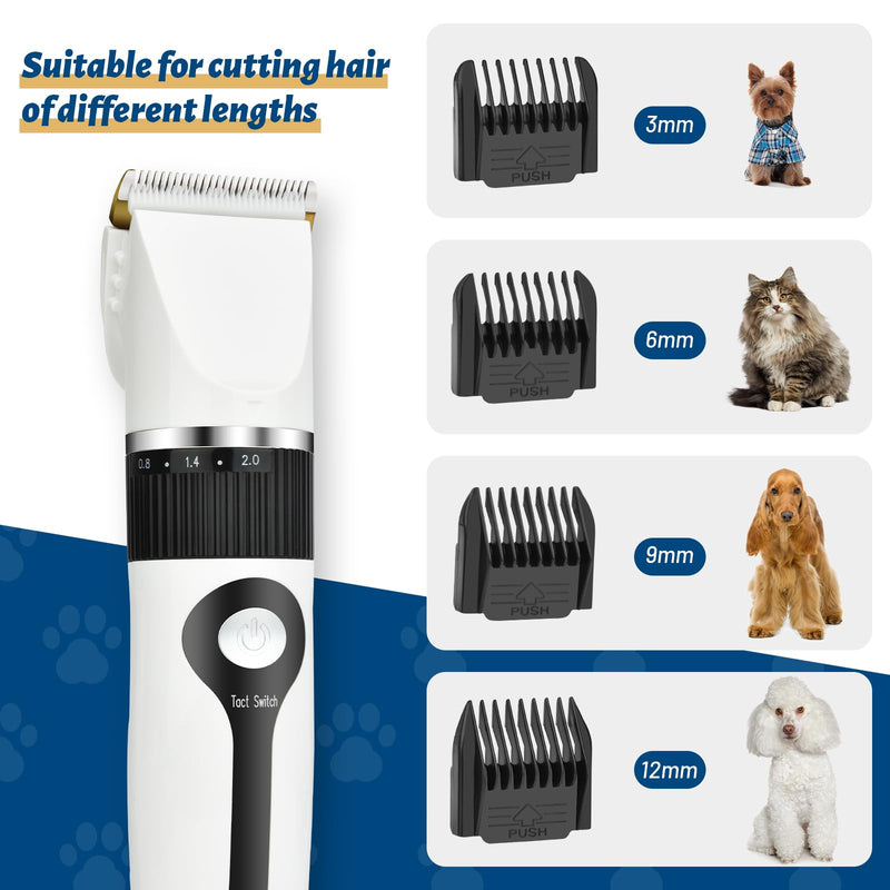 Timiyou Dog Clippers, Dog Grooming Kit Clippers, Rechargeable Cordless Pet Clippers Low Noise Pet Hair Clipper Dog Clippers Professional for Thick Hair with 4 Combs for Dogs Cats Horses, White
