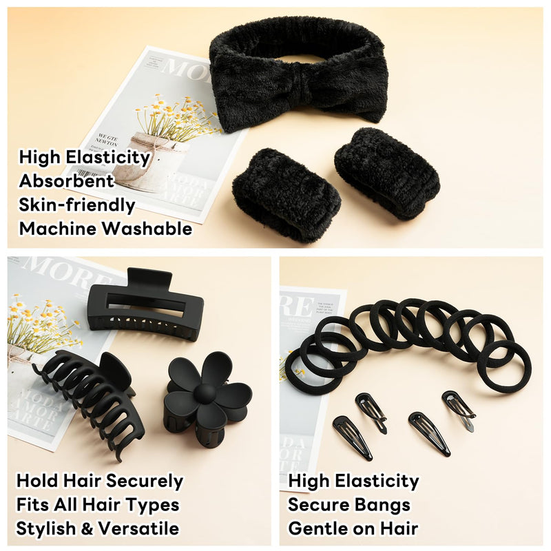 MAORULU 20PCS Spa Headband Set for Women Teens Girls with 4 Snap Hair Clips, 3 Cute Claw Clips, 10 Hair Ties, 2 Wristbands, 1 Headband, Face Wash Makeup Skincare Gift Box (Black, Large) Blacklack - PawsPlanet Australia