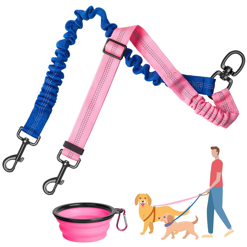 Vastar Pet Double Dog Leash, Tangle Free Bungee Dog Leash Coupler, 360° Swivel Double Dog Walking & Training Leash, Adjustable Strap, Comfortable Shock Absorbing Reflective Bungee Lead for Two Dogs Blue+Pink