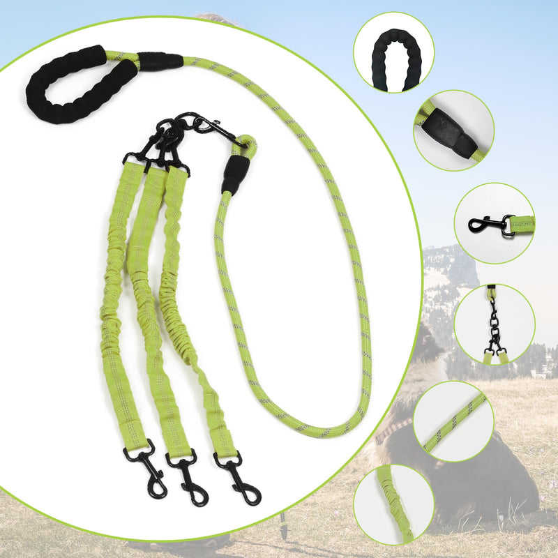 Dog Double Leashes,Rope Bungee Three Leash with Padded Handle Removable for 3 Dogs,Tangle-Free, Padded Handles, 360° Swivel Control (Green, 3 Way) Green - PawsPlanet Australia