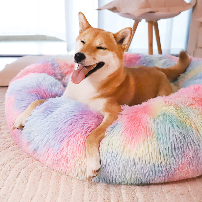 Patas Lague Calming Dog Bed for Medium Dogs, Fluffy Soft Cozy Cat Bed, Faux Fur Anti-Anxiety Plush Washable Pet Donut Cuddler for All Seasons 24IN, Mixed Rainbow M:24x24INCH - PawsPlanet Australia