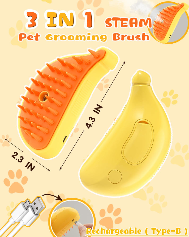 Cat Steam Brush for Shedding, 3 in 1 Steamy Grooming Brush, Spray Cat Brush for Long and Short Hair of Cat and Dog, Self-Cleaning Pet Hair Removal Comb. (Banana-Yellow) - PawsPlanet Australia