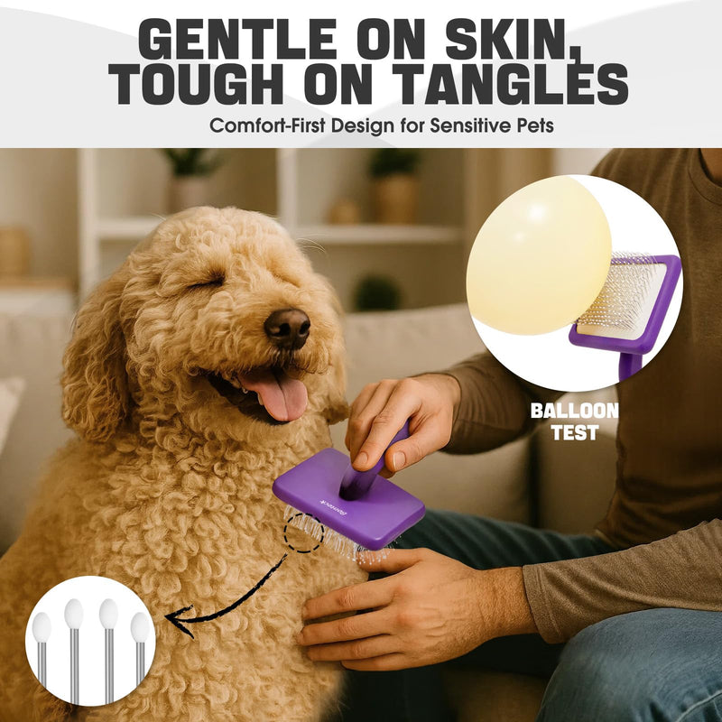 Dog Slicker Brush for Dogs Grooming Kit 4PCS | Large Dog Brush for Goldendoodles Poodles Doodles | Long Pin Haired Brush | Poodle Brushes and Comb (Purple) Purple - PawsPlanet Australia