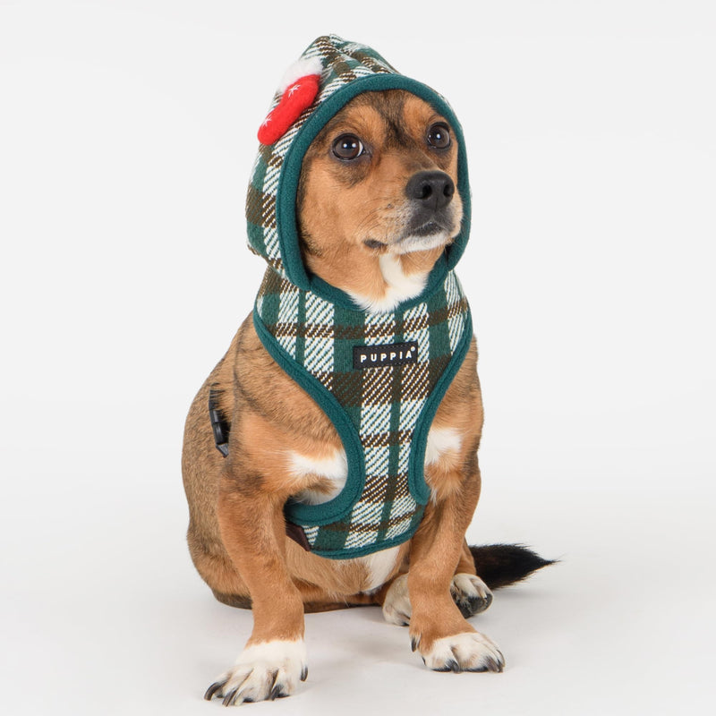 Puppia Festive Hooded Dog Harness Over-The-Head Warm Winter Checkered Pattern Adjustable Chest for Small and Medium Dog, Green, Medium - PawsPlanet Australia