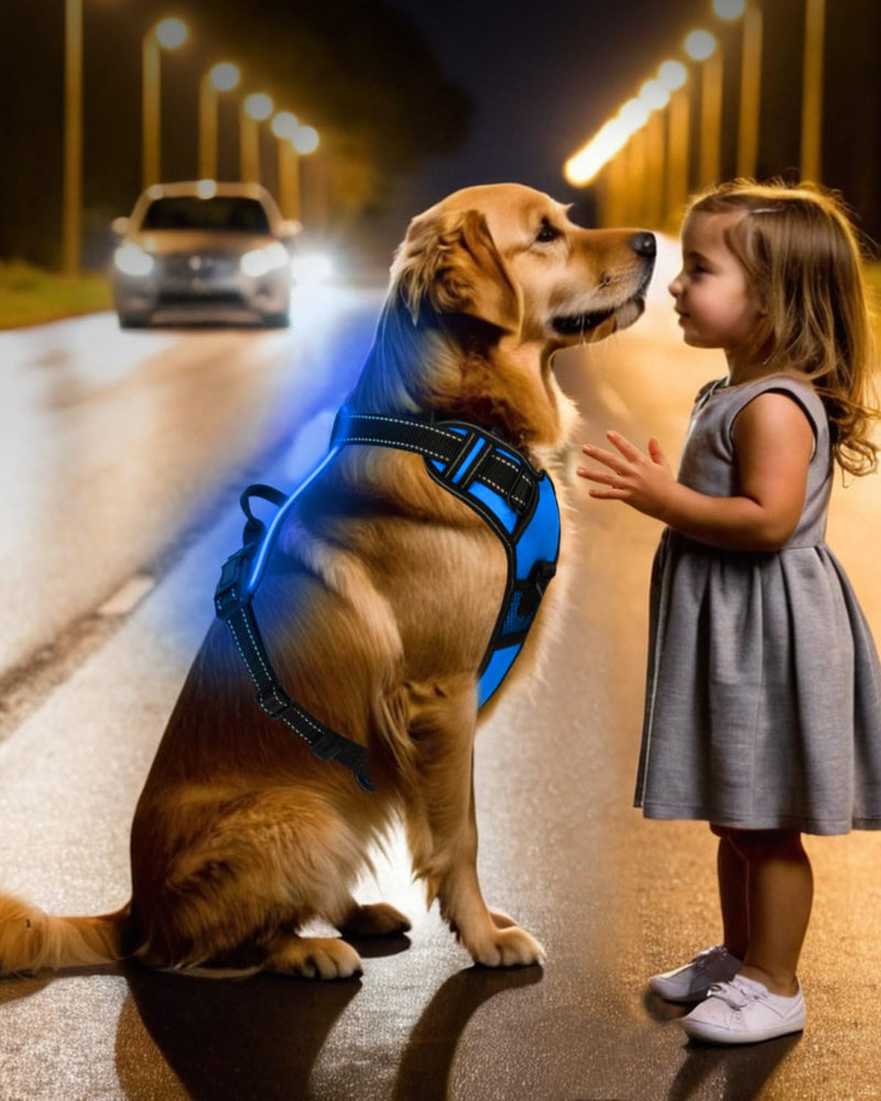 Light Up Dog Harness - LED Dog Harness Rechargeable for Night Walking, Three Lighting Modes, Flashing for More Than 20 Hours, Oxford Cloth(Blue/Large) Blue Large - PawsPlanet Australia