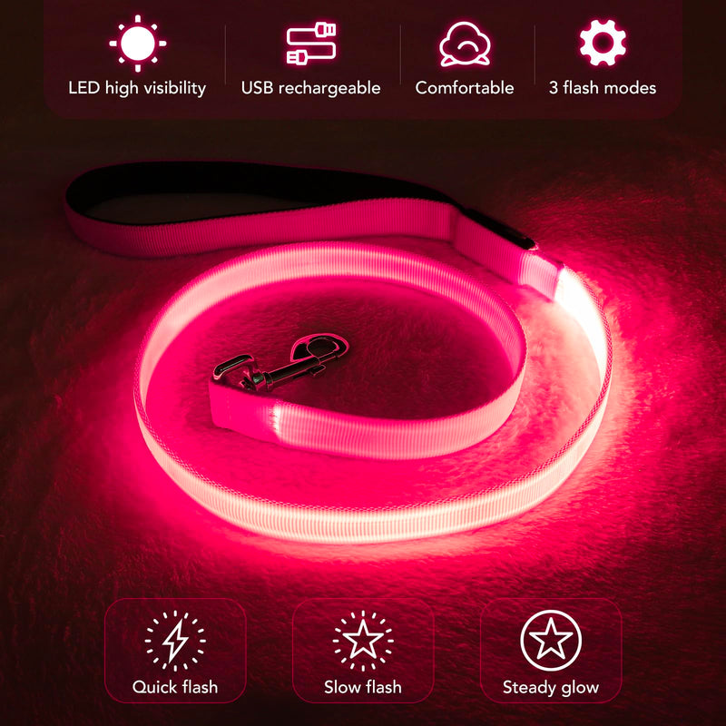 LED Dog Leash with Light - 4 Feet, Rechargeable, Nylon Webbing, Glow Safety Standard Dog Leash (Pink) Pink - PawsPlanet Australia